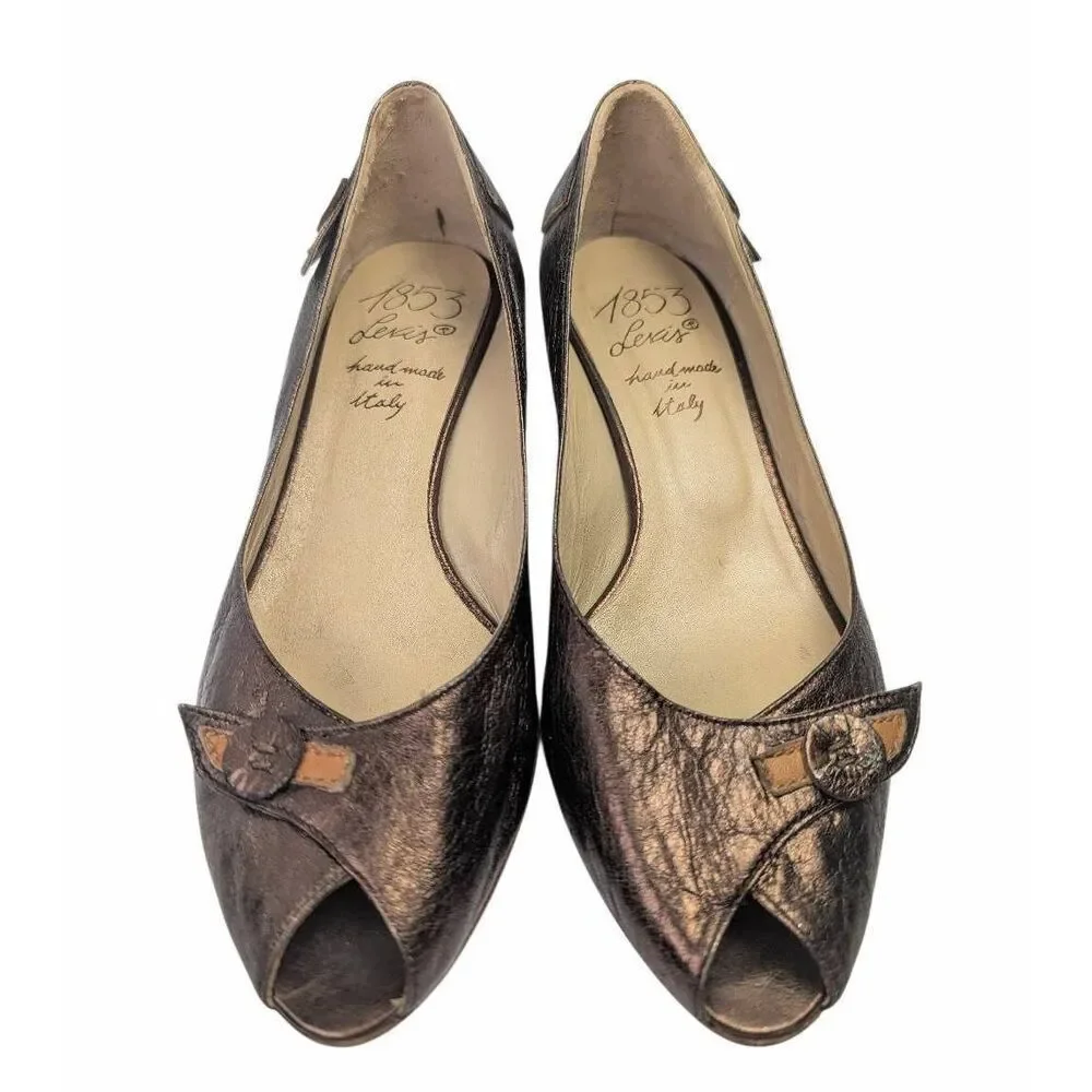 Levi's 1853 vintage copper leather peep toe wedge kitten heels womens 6